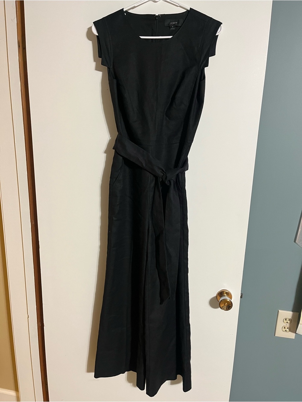 Jcrew Black Cap-Sleeve linen jumpsuit with Waist Tie, zip back, wide leg